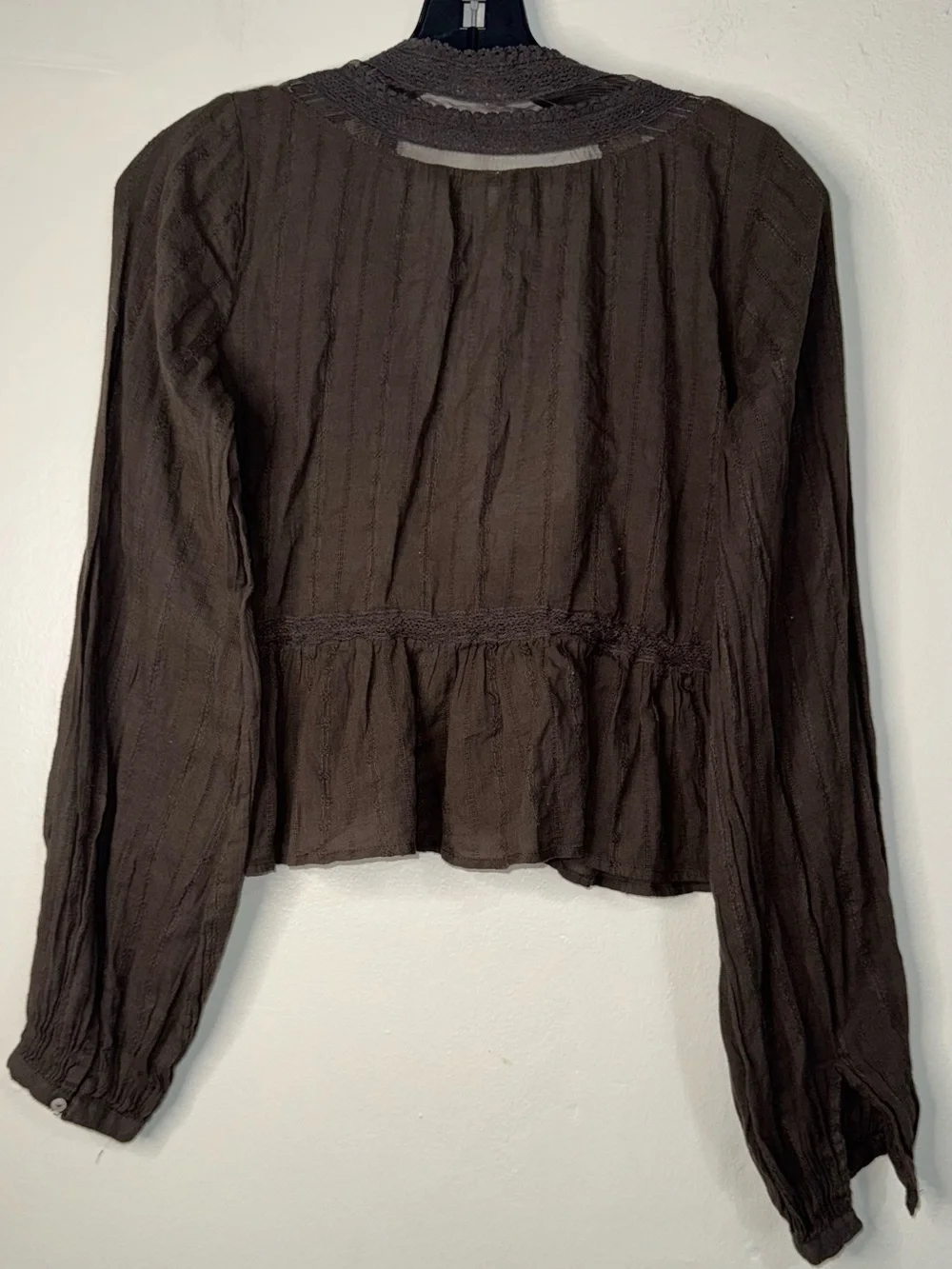 Free People Chocolate Brown V-Neck Peasant Blouse with Tassel Tie